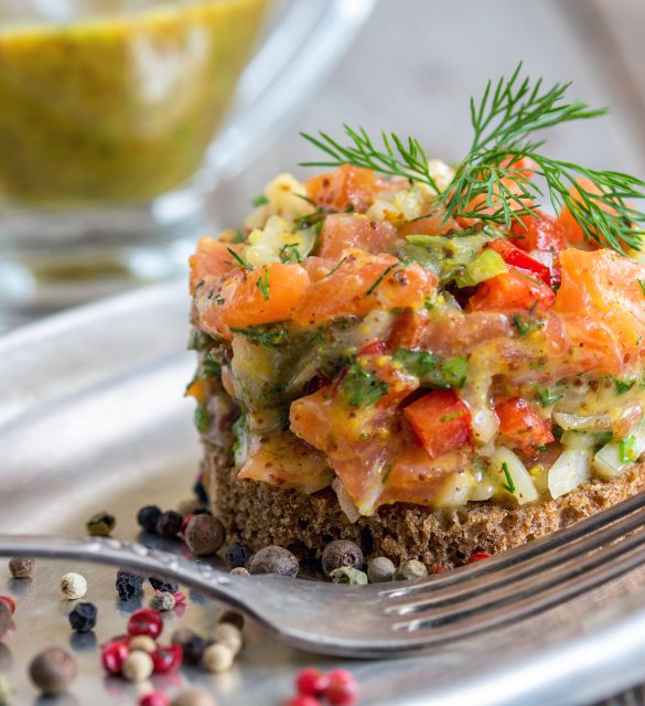 Tartare with salmon on a slice of .