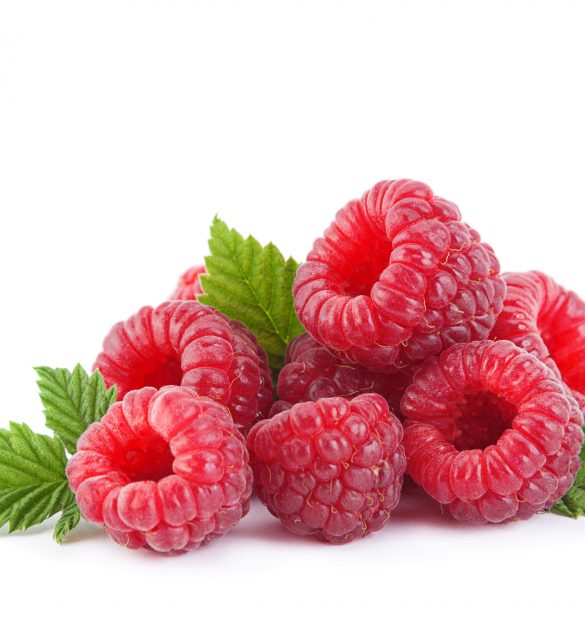 Raspberry fruit with leaf Raspberry fruit closeup with leaf isolated on white