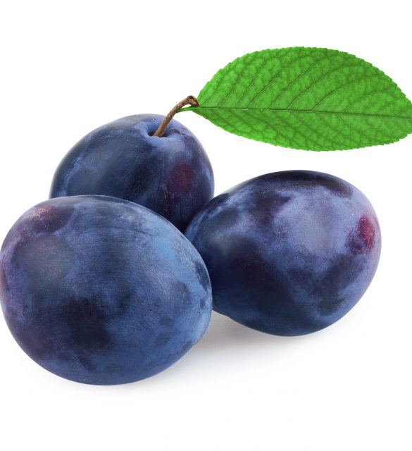 Plums with leaf isolated on white background