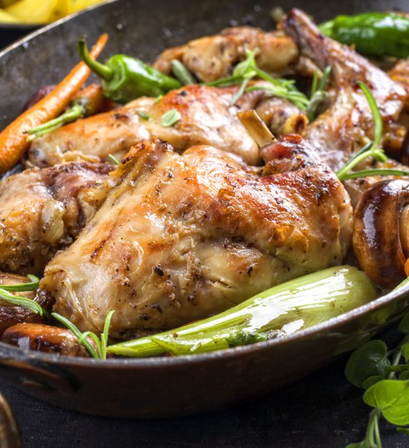 Rabbit with Vegetable and Mushrooms as top view in a Stewpot