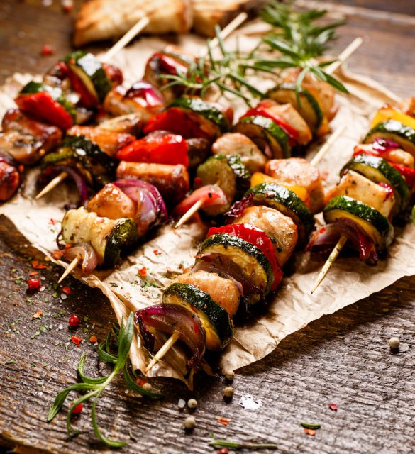 Skewers of grilled vegetables and meat
