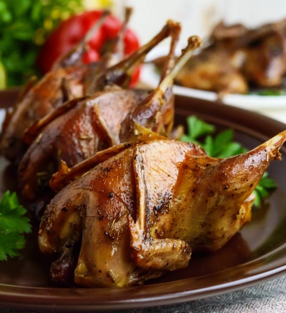Roasted quail on a spit. Serving on a ceramic plate with greens. Close-up. Holiday menu. Roasted quail on a spit. Serving on a ceramic plate with greens. Close-up. Holiday menu.