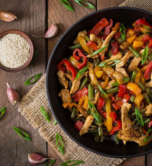 Stir fry chicken, sweet peppers and green beans. Top view Stir fry chicken, sweet peppers and green beans. Top view